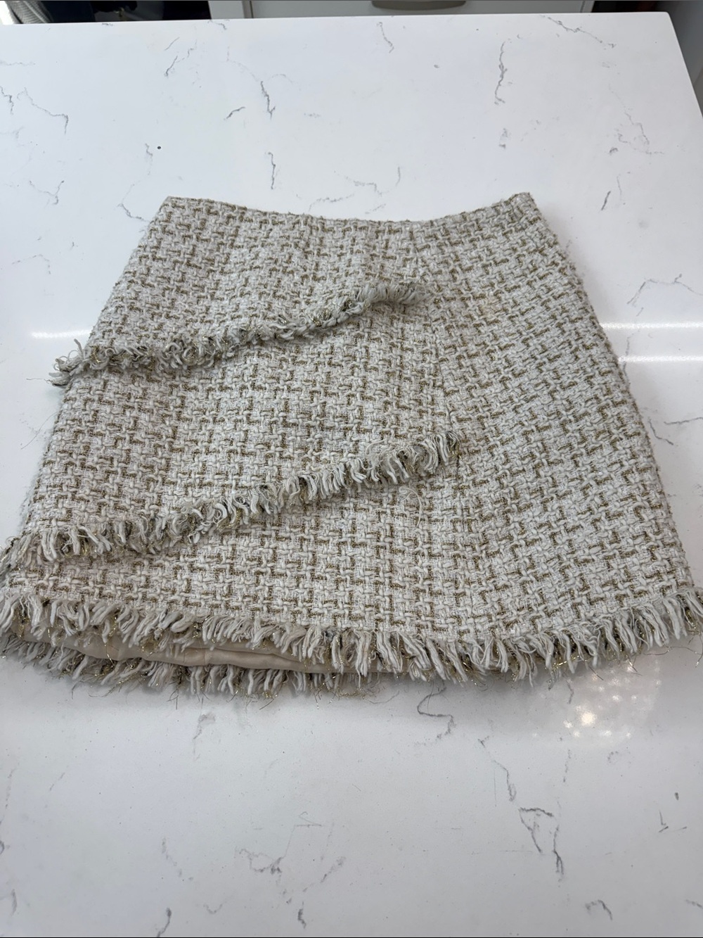 Fringed Tweed Mini Skirt - Cream